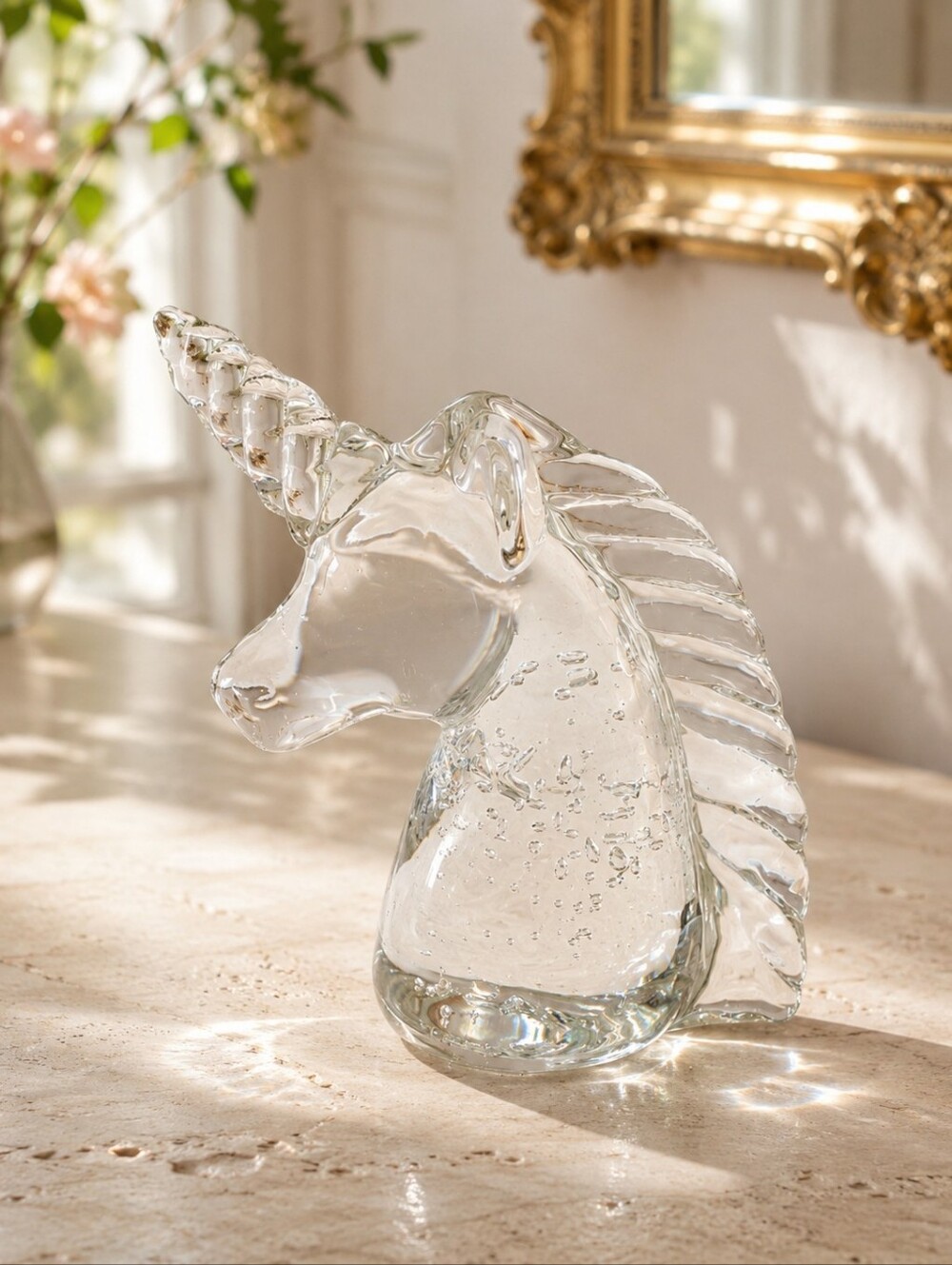 Vintage Handblown Clear Art Glass Unicorn Bust Paperweight Figurine
